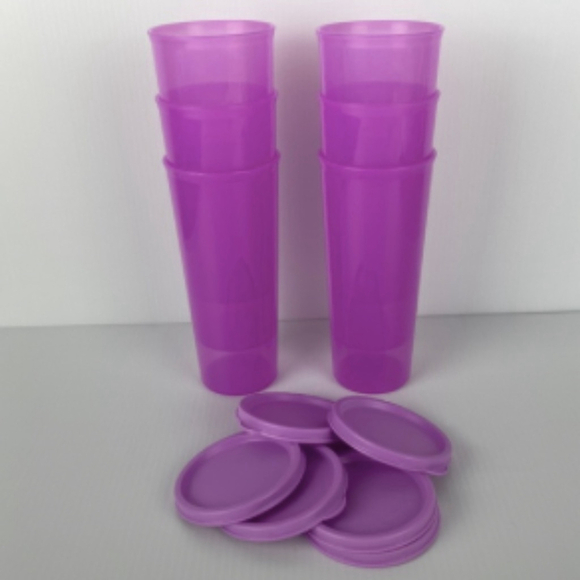 Tupperware Pink Tumblers Straight Sided 16oz Fuchsia Pink with Covers set of 6 - Picture 2 of 6